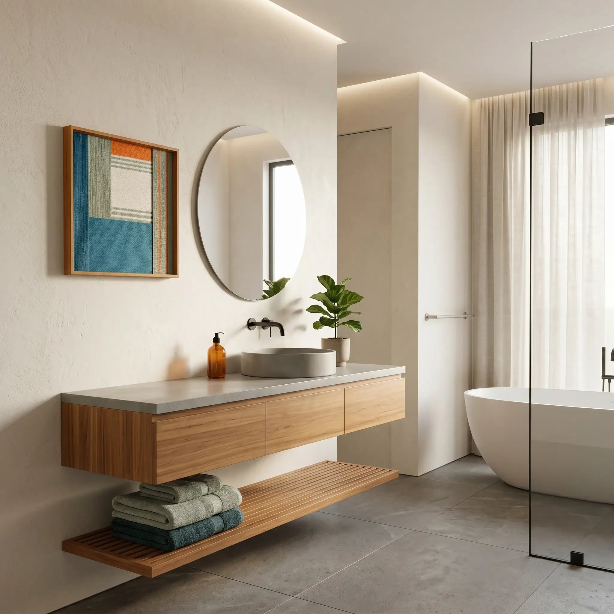 Sophisticated hand-woven wool tapestry styled in a luxury bathroom above a floating wood vanity with a circular backlit mirror.