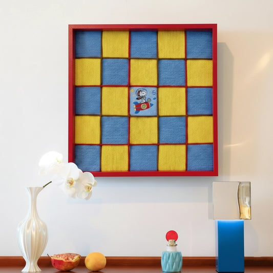 Snoopy's Space Odyssey red-framed blue and yellow checkerboard yarn wall art displayed above a decorative console.