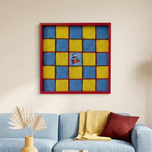 Hand-woven wool wall art with a yellow and blue checkerboard pattern and a Snoopy astronaut center displayed above a blue sofa.