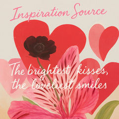Inspiration graphic for Spring Miss featuring a romantic heart motif and the quote “The brightest kisses, the warmest smiles” to convey its loving theme.
