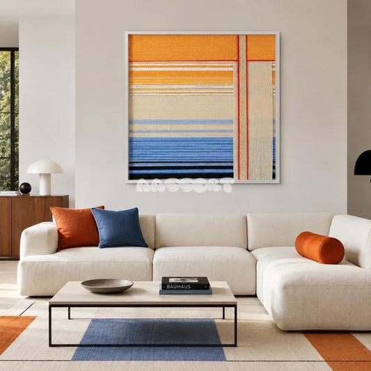 Love at Sunset framed yarn wall art in orange, cream and blue above a white living room sofa