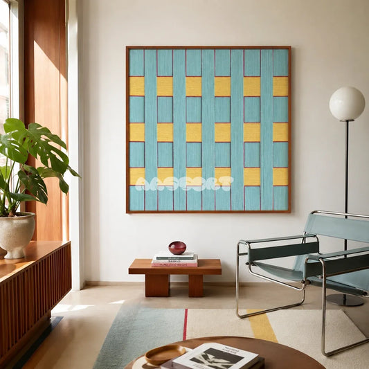 Afternoon Window blue and yellow framed textile art in a sunlit reading corner with a blue lounge chair