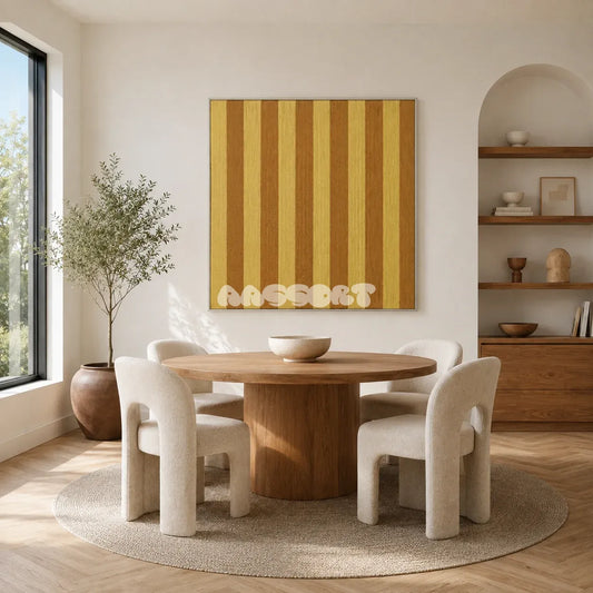 Hana and Alice SQ003 gold and ochre striped hand-wrapped yarn wall art above a round wood table in a warm modern dining room