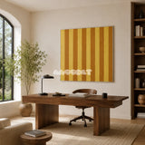 Hana and Alice SQ003 gold and ochre striped soft cotton cord wall art above a walnut desk in a warm modern home office