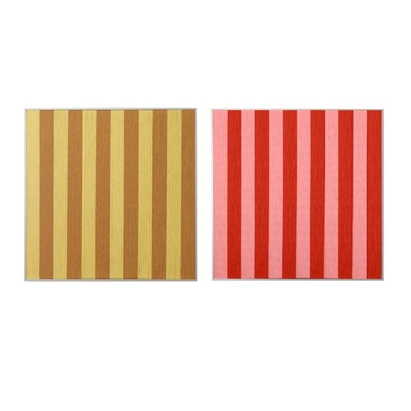 Front view of the Hana and Alice SQ003 red pink gold and ochre striped yarn wall art pair