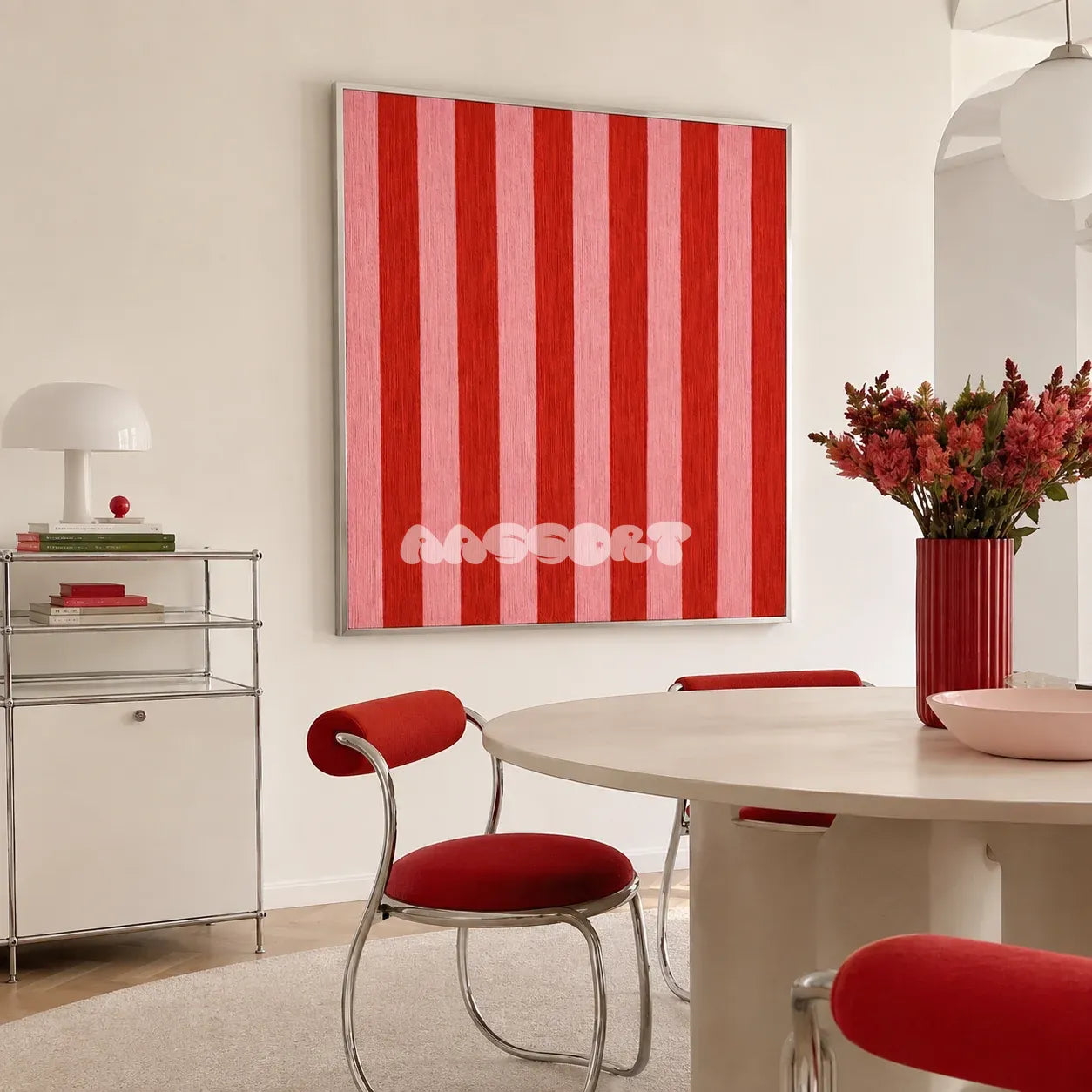 Hana and Alice SQ003 red and pink striped soft cotton cord wall art beside red chairs in a bright modern dining room
