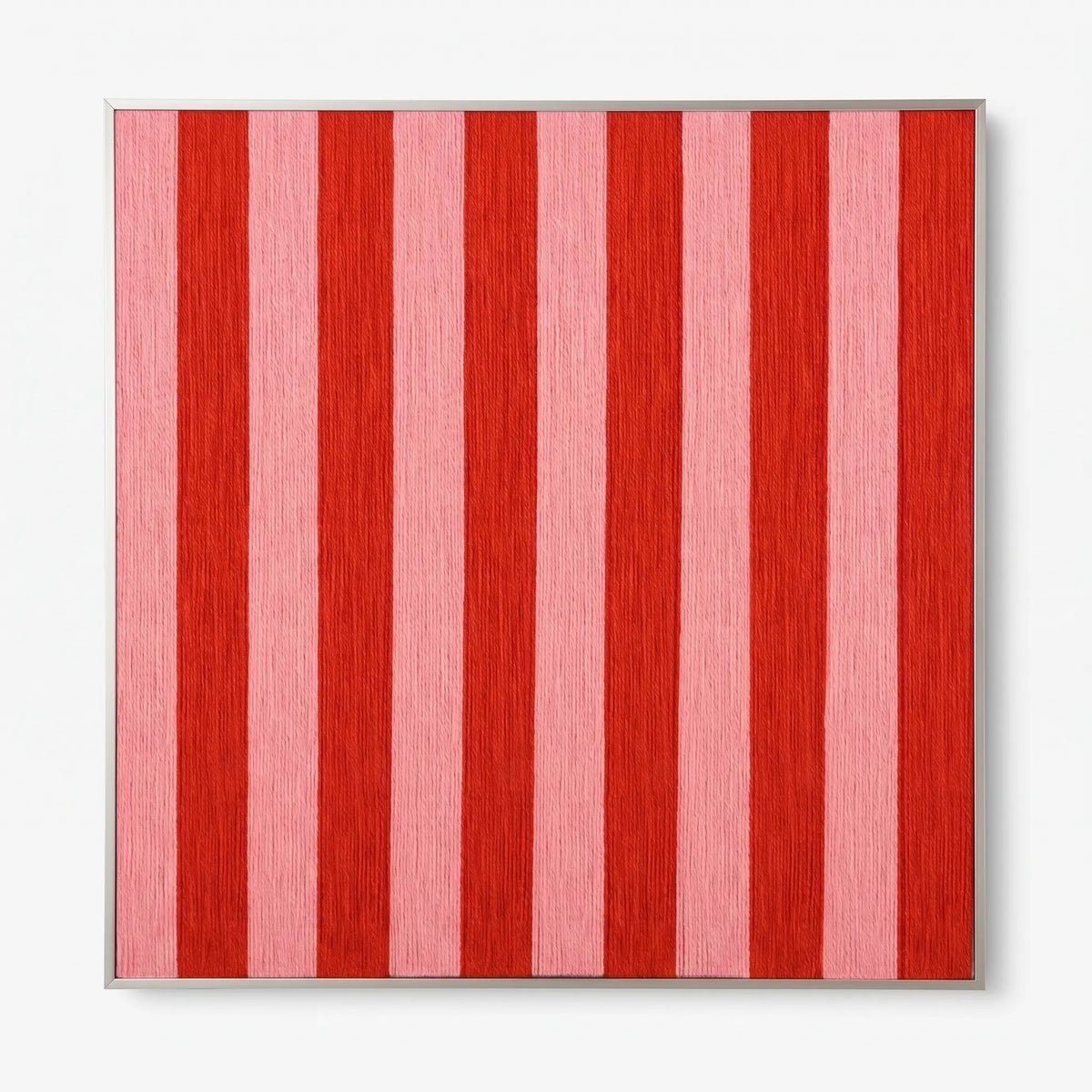 Front view of Hana and Alice SQ003 red and pink striped soft cotton cord textile wall art