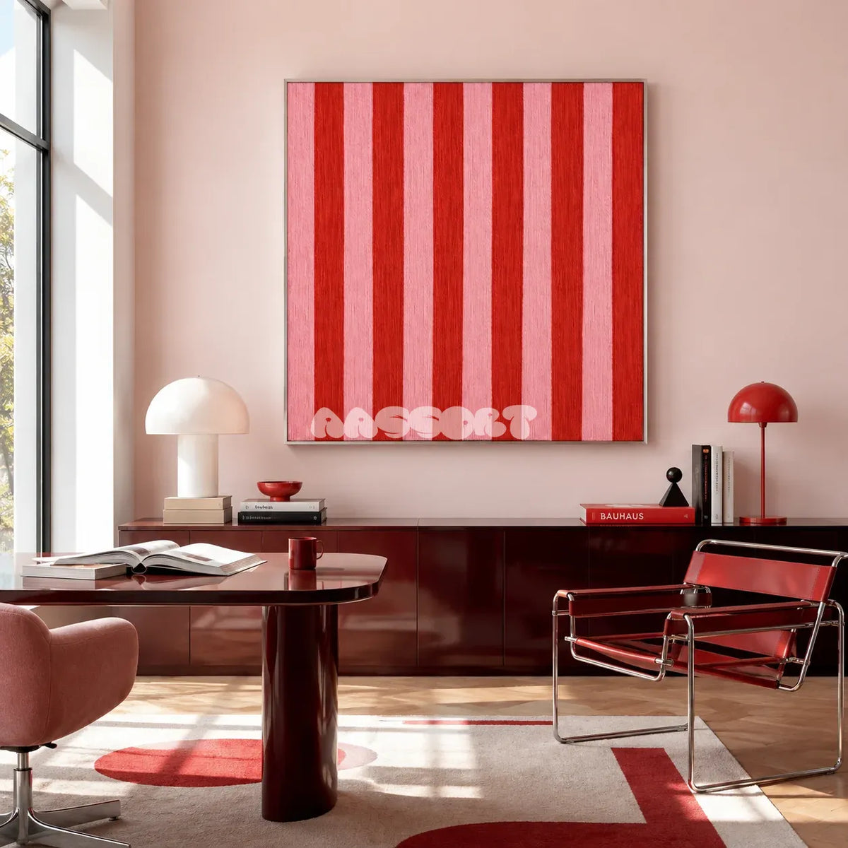 Hana and Alice SQ003 red and pink striped soft cotton cord wall art above a burgundy sideboard in a colorful modern home office