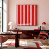 Hana and Alice SQ003 red and pink striped soft cotton cord wall art above a burgundy sideboard in a colorful modern home office
