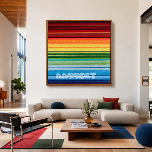 Rainbow SQ004 spectrum colored hand-wrapped yarn wall art above a white sofa in a bright modern living room
