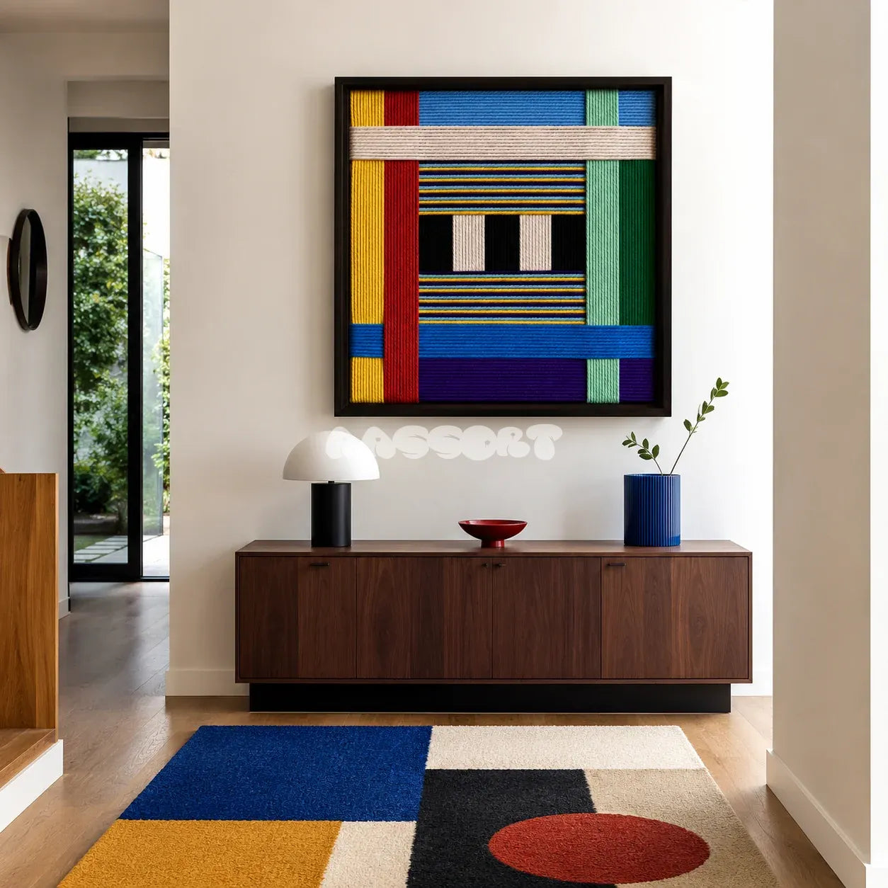 Childhood Old Toys SQ005 colorful geometric soft cotton cord wall art above a walnut console in a bright modern entryway