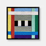 Front view of Childhood Old Toys SQ005 soft cotton cord wall art with colorful geometric blocks and black and white bars