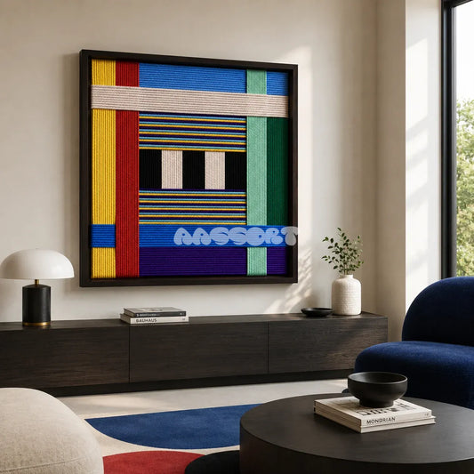 Childhood Old Toys SQ005 colorful geometric hand-wrapped yarn wall art above a dark sideboard in a modern living room