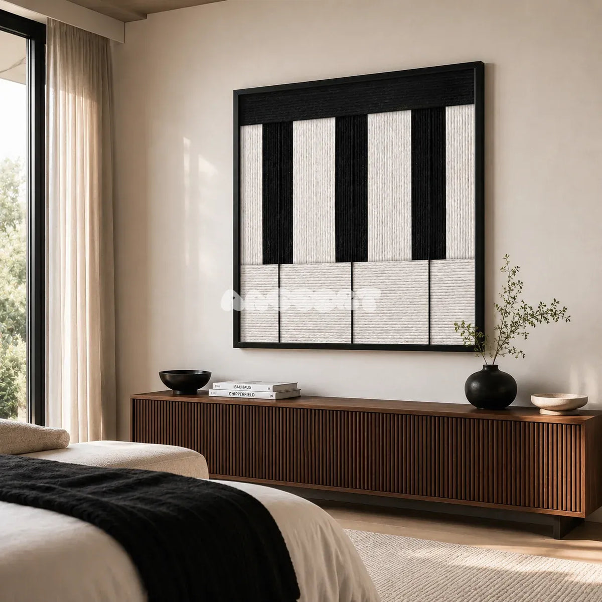 Little Black Piano SQ006 black and white soft cotton cord wall art above a walnut sideboard in a calm modern bedroom