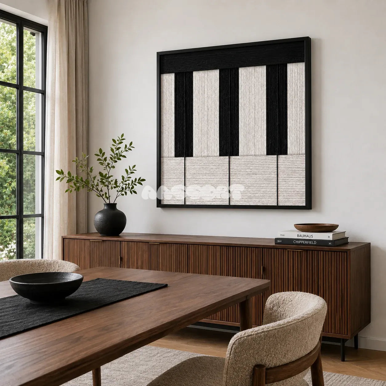 Little Black Piano SQ006 black and white soft cotton cord wall art above a fluted wood sideboard beside a dining table