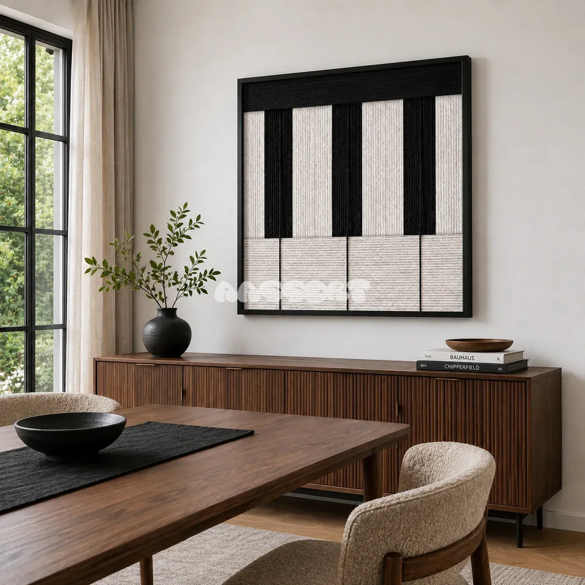 Little Black Piano SQ006 black and white soft cotton cord wall art above a fluted wood sideboard beside a dining table