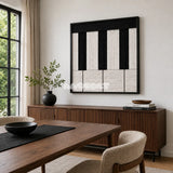 Little Black Piano SQ006 black and white soft cotton cord wall art above a fluted wood sideboard beside a dining table