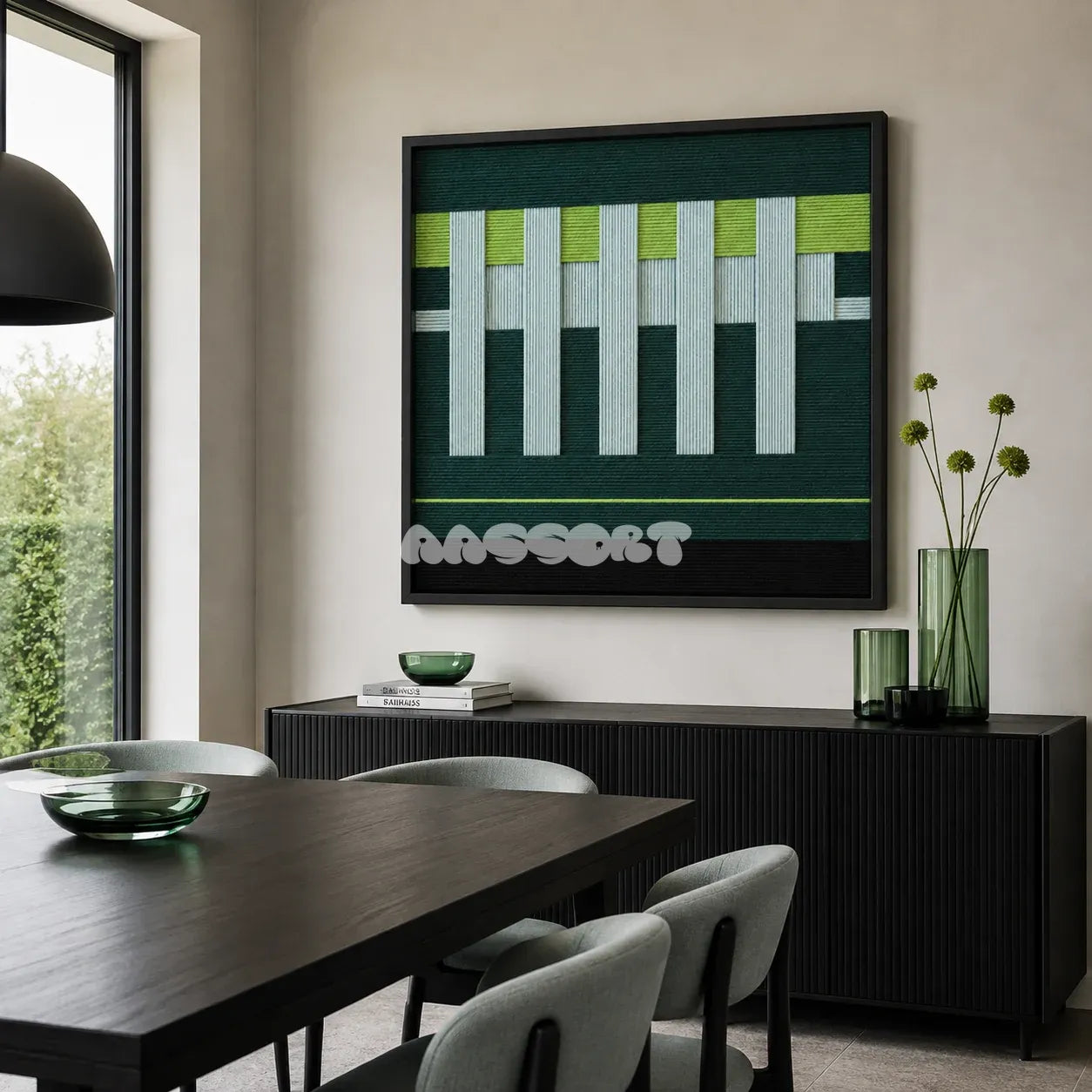 Velvet Vine SQ007 forest green lime and white soft cotton cord wall art above a black fluted sideboard beside a dark dining table