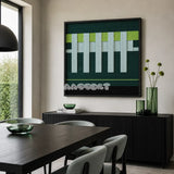 Velvet Vine SQ007 forest green lime and white soft cotton cord wall art above a black fluted sideboard beside a dark dining table