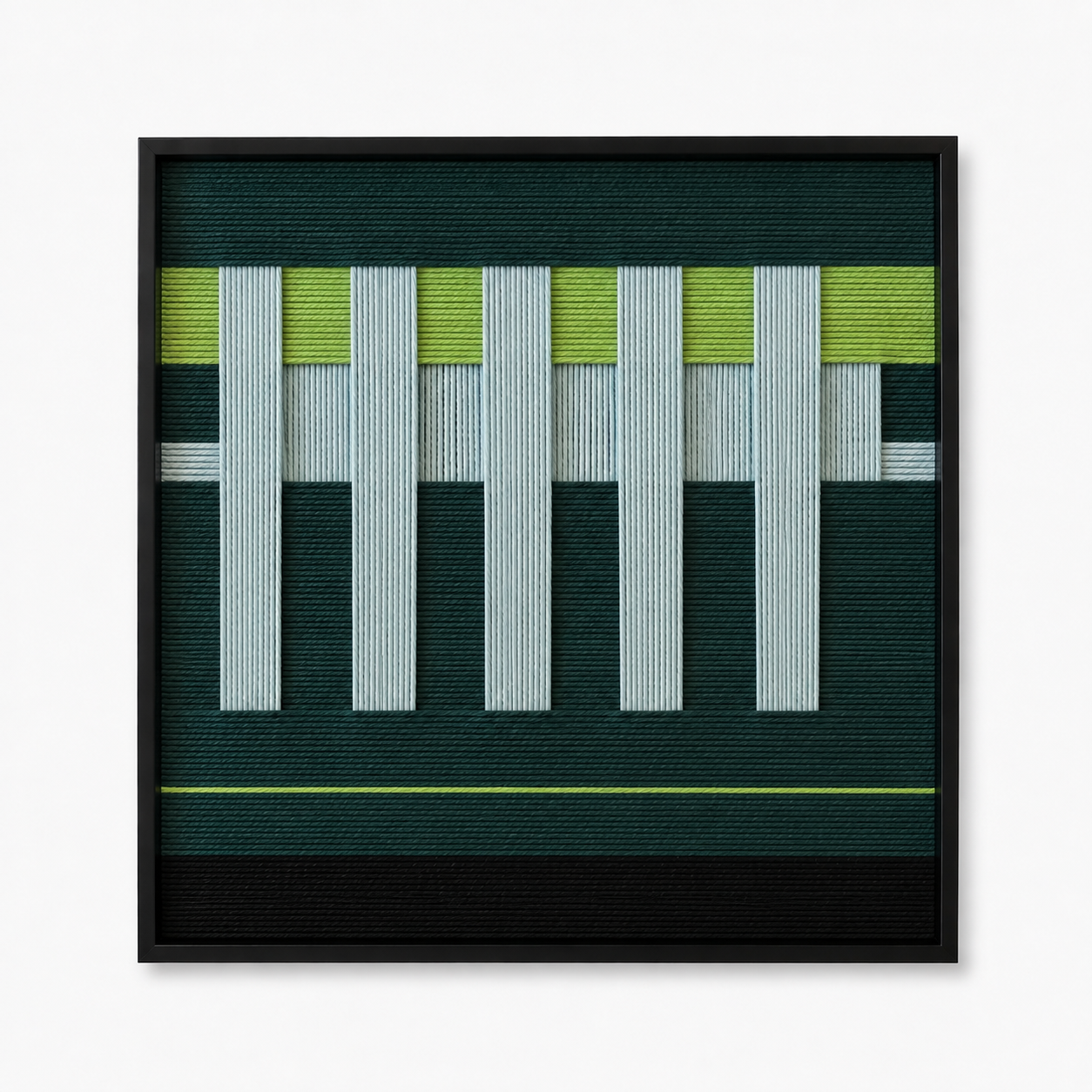 Front view of Velvet Vine SQ007 forest green lime white and black soft cotton cord wall art with a geometric trellis pattern