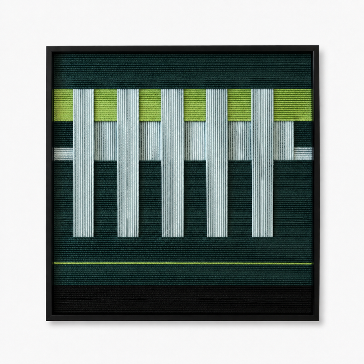 Front view of Velvet Vine SQ007 forest green lime white and black soft cotton cord wall art with a geometric trellis pattern