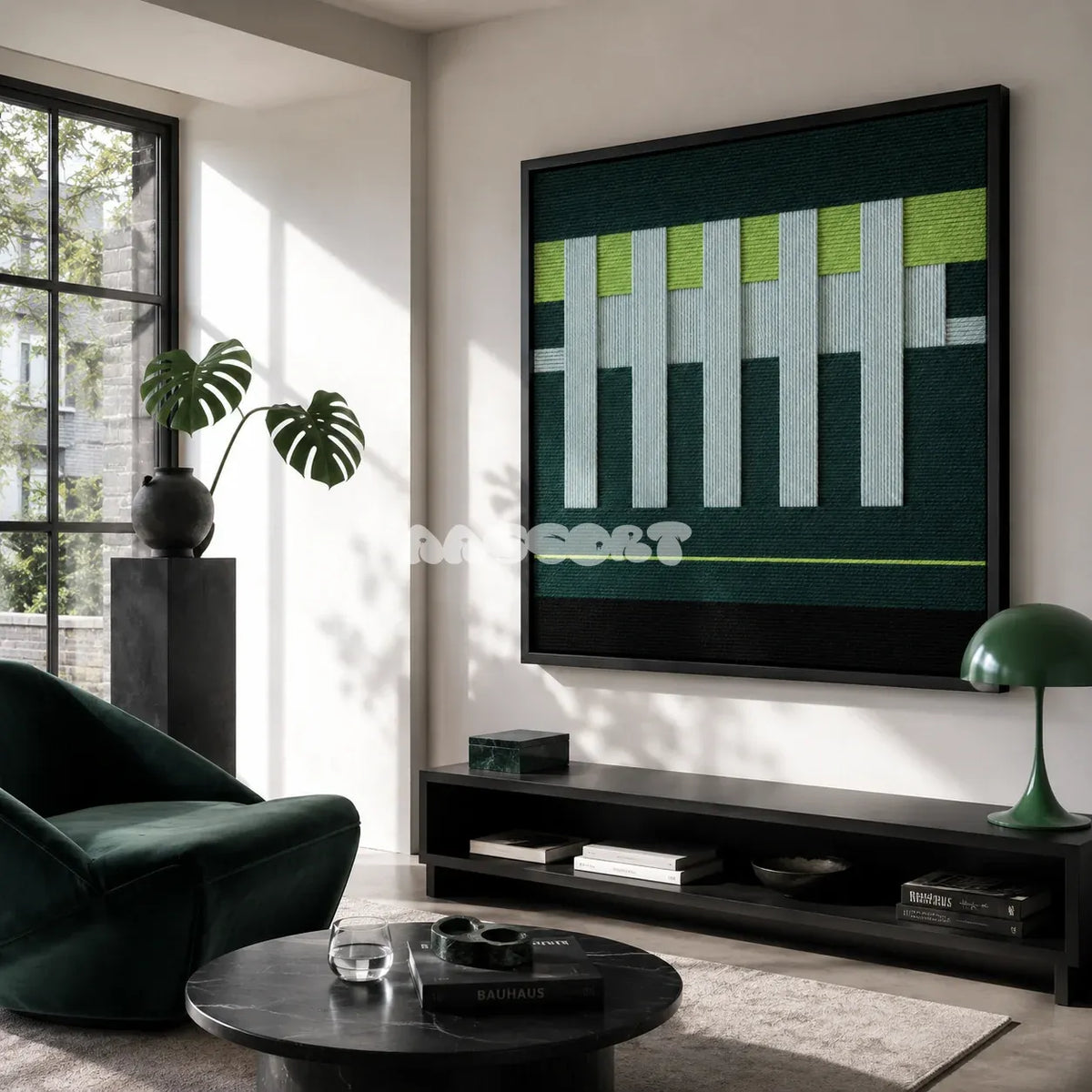 Velvet Vine SQ007 forest green lime and white soft cotton cord wall art above a low black console beside a green lounge chair in a modern living room