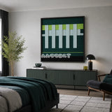 Velvet Vine SQ007 forest green lime and white soft cotton cord wall art above a green fluted sideboard in a moody modern bedroom