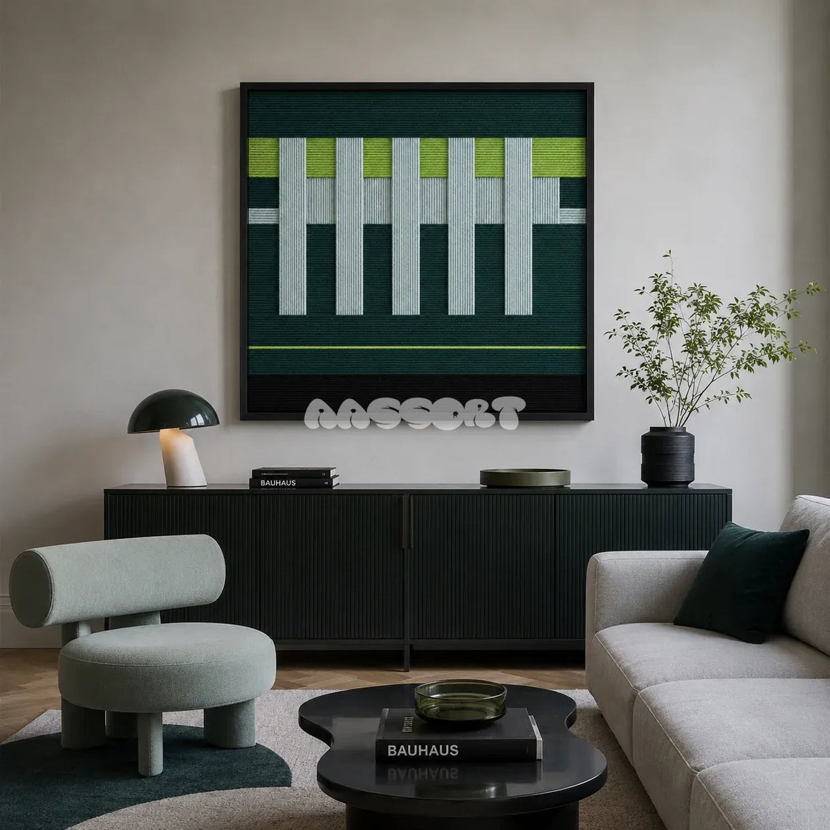 Velvet Vine SQ007 forest green lime and white soft cotton cord wall art above a green fluted sideboard in a contemporary living room