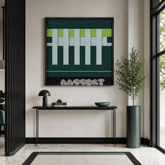 Velvet Vine SQ007 forest green lime and white hand-wrapped yarn wall art above a slim black console in a bright modern entryway