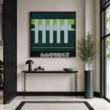 Velvet Vine SQ007 forest green lime and white soft cotton cord wall art above a slim black console in a bright modern entryway