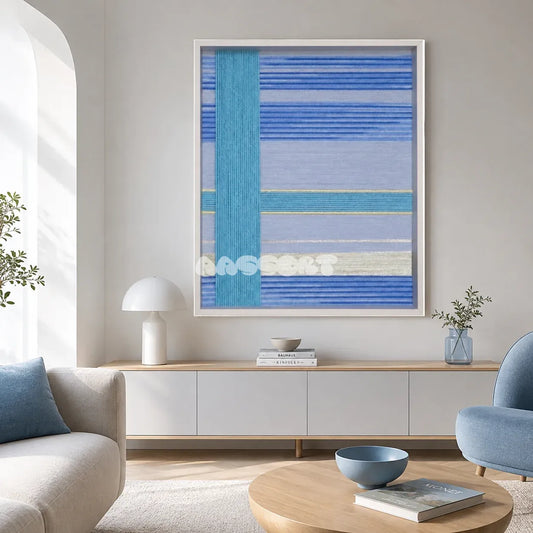 Blue Sea SQ008 blue cyan silver and yellow hand-wrapped yarn wall art above a white sideboard in a bright modern living room