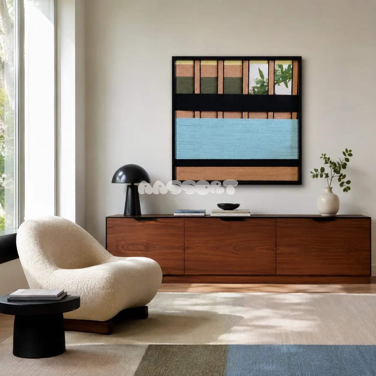 Outside The Window SQ009 blue olive peach and black mixed-media wall art with soft cotton cord and mirror elements above a walnut sideboard beside a cream lounge chair