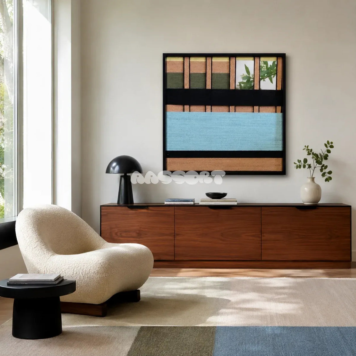 Outside The Window SQ009 blue olive peach and black mixed-media wall art with soft cotton cord and mirror elements above a walnut sideboard beside a cream lounge chair