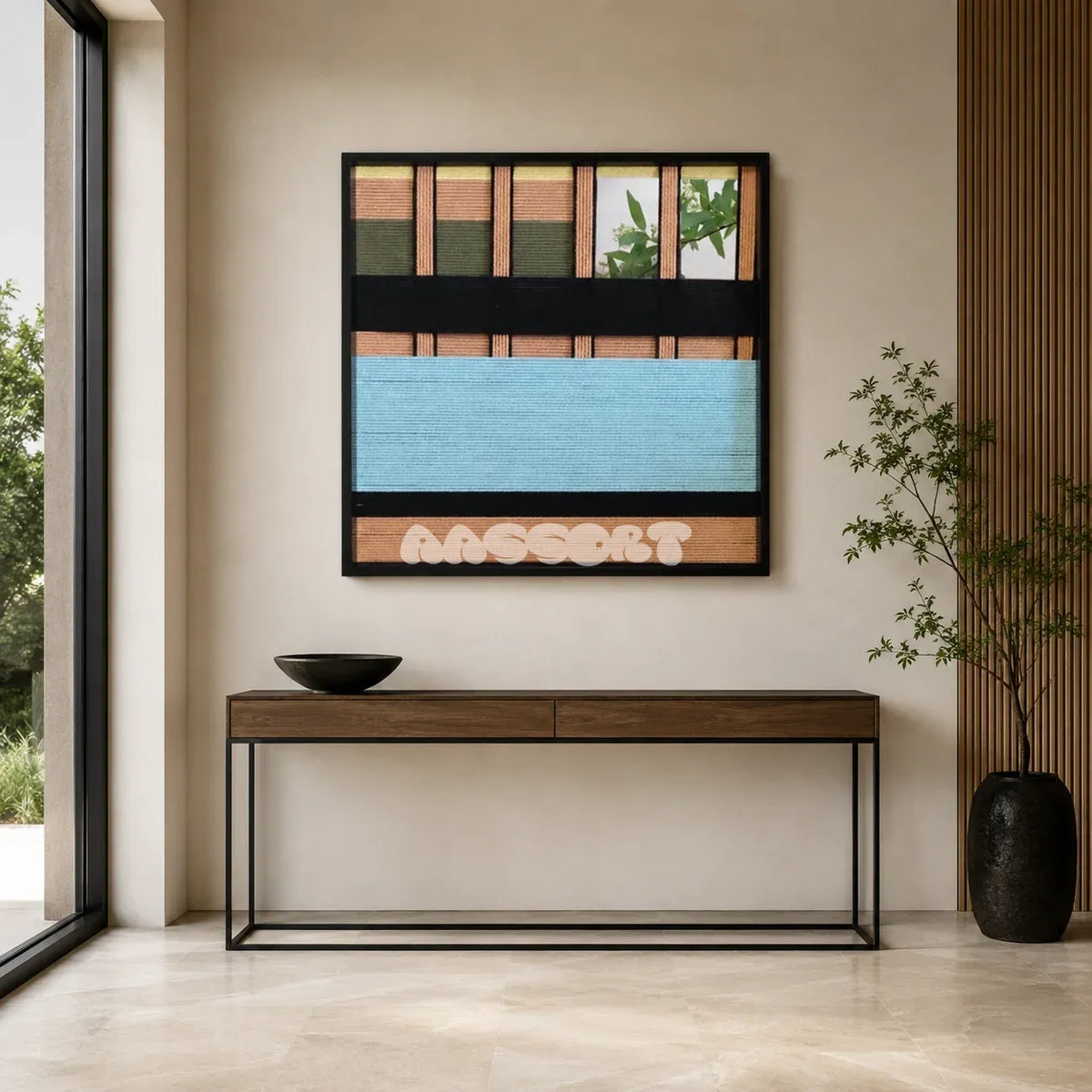 Outside The Window SQ009 blue olive peach and black mixed-media wall art with soft cotton cord and mirror elements above a slim wood console in a minimalist entryway