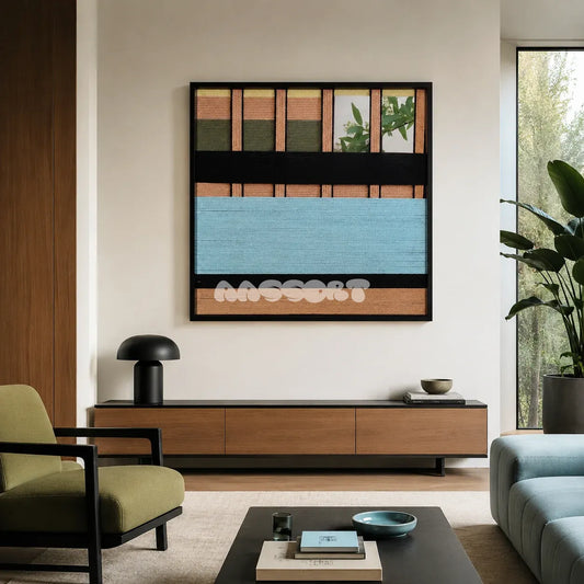 Outside The Window SQ009 blue olive peach and black hand-wrapped yarn and mirror wall art above a wood media console in a modern living room