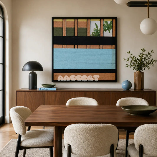 Outside The Window SQ009 blue olive peach and black hand-wrapped yarn and mirror wall art above a walnut sideboard in a modern dining room
