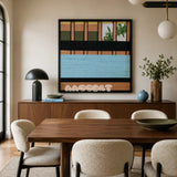 Outside The Window SQ009 blue olive peach and black mixed-media wall art with soft cotton cord and mirror elements above a walnut sideboard in a modern dining room