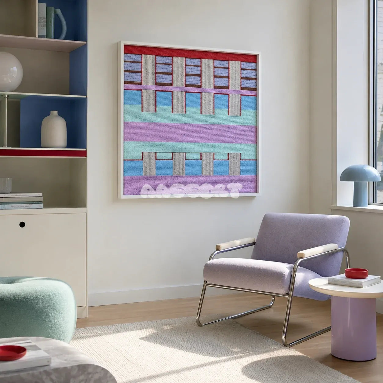 Hanosen Anji SQ010 lavender mint blue cream red and brown soft cotton cord wall art beside a lilac lounge chair in a bright reading corner