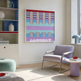 Hanosen Anji SQ010 lavender mint blue cream red and brown soft cotton cord wall art beside a lilac lounge chair in a bright reading corner