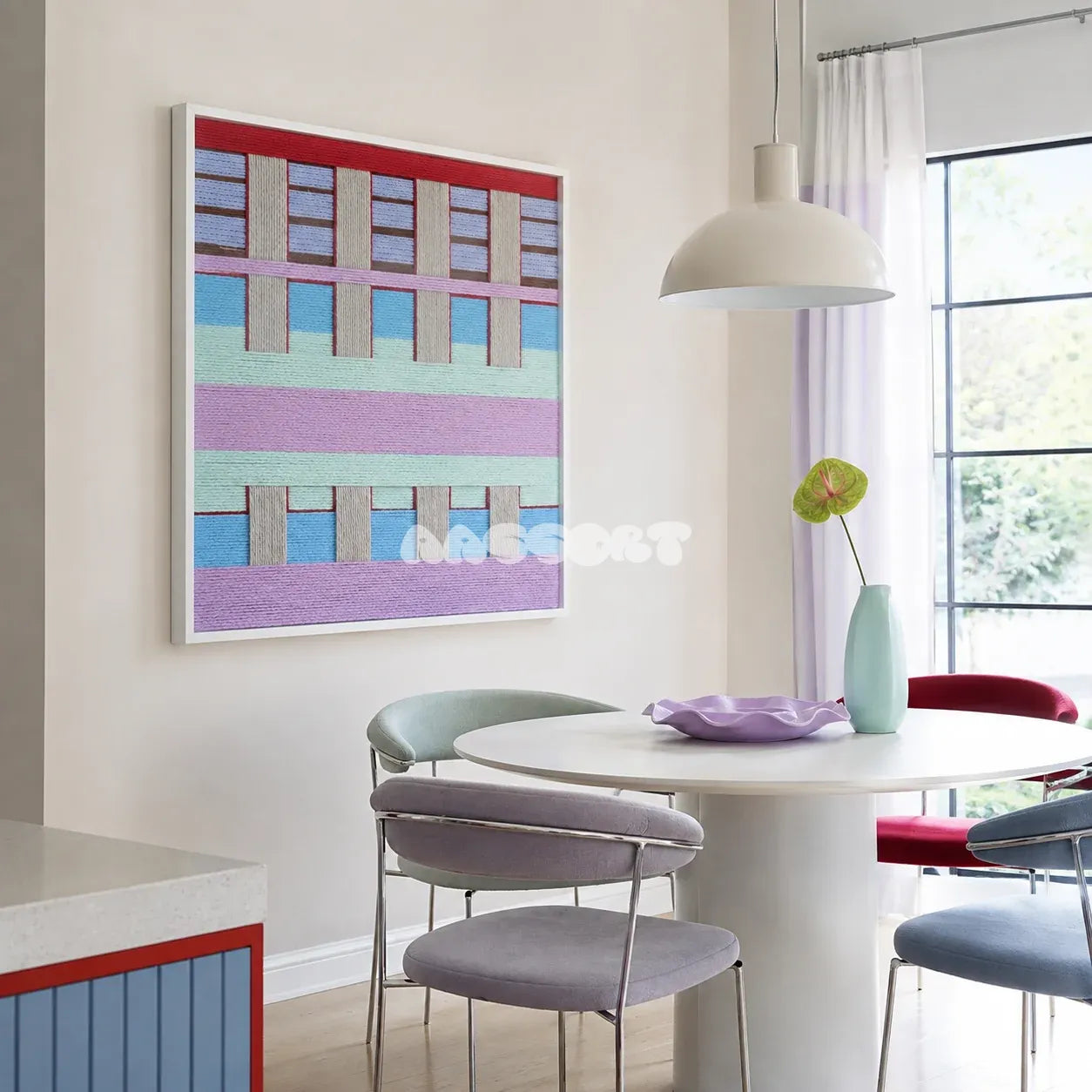 Hanosen Anji SQ010 lavender mint blue cream red and brown soft cotton cord wall art beside a white table in a bright pastel dining room