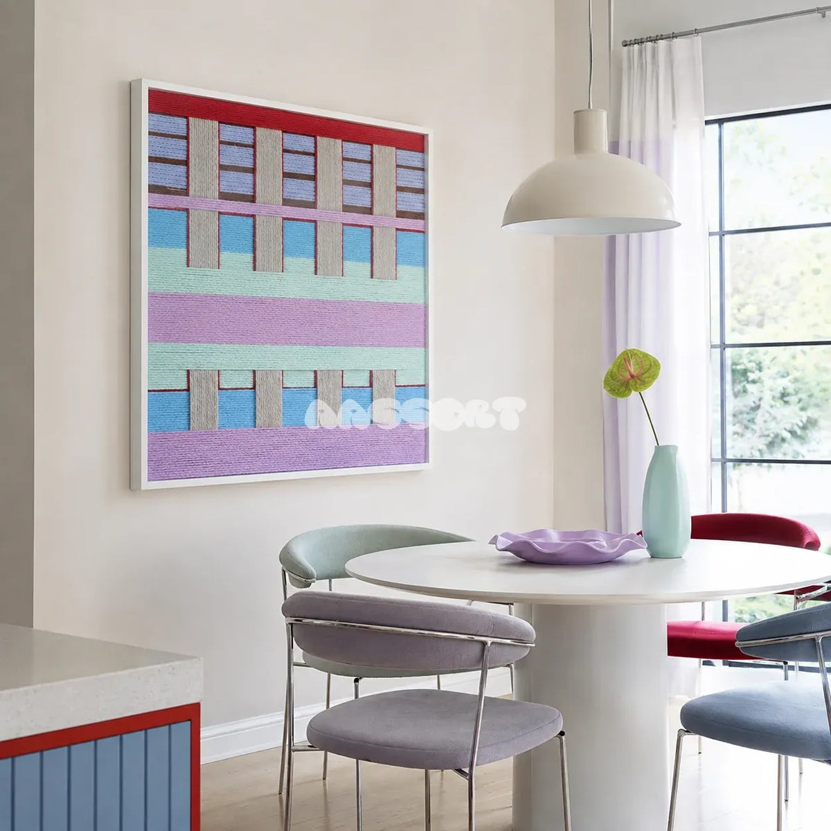 Hanosen Anji SQ010 lavender mint blue cream red and brown soft cotton cord wall art beside a white table in a bright pastel dining room