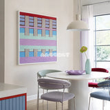 Hanosen Anji SQ010 lavender mint blue cream red and brown soft cotton cord wall art beside a white table in a bright pastel dining room