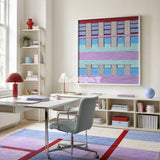 Hanosen Anji SQ010 lavender mint blue cream red and brown soft cotton cord wall art above open shelving in a colorful home office