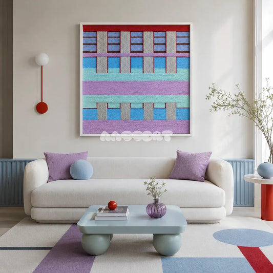 Hanosen Anji SQ010 lavender mint blue cream red and brown hand-wrapped yarn wall art above a white sofa in a colorful pastel living room
