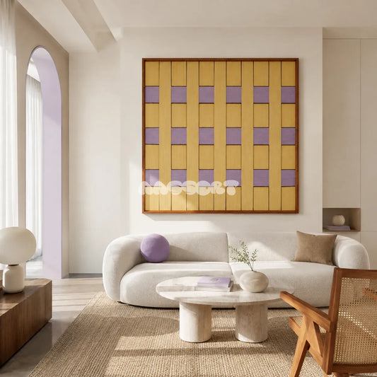 Lover’s Moonlight Violet SQ011 butter yellow and lavender hand-wrapped yarn wall art above a cream sofa in a bright modern living room