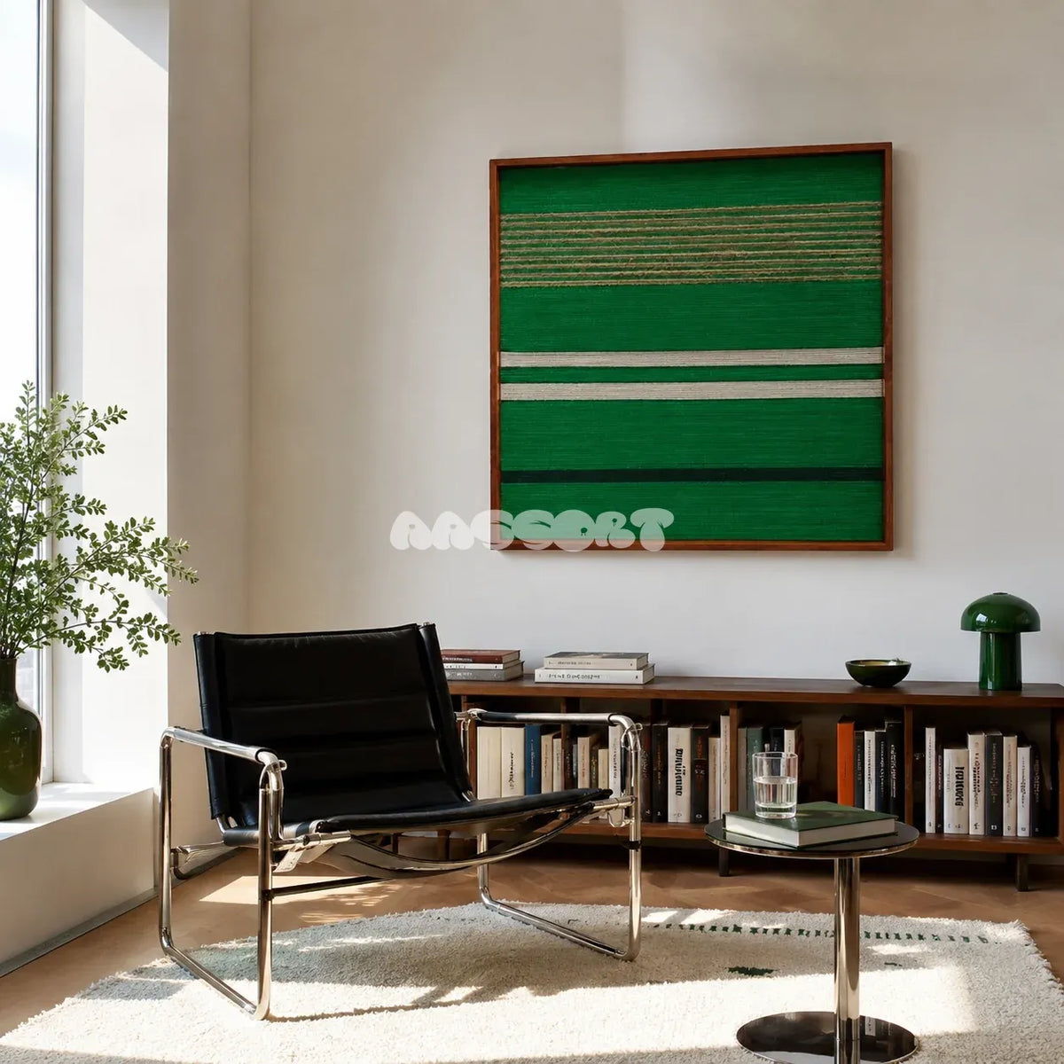 Endless Flow SQ012 green white black and soft cotton cord fiber wall art above wood shelving beside a black lounge chair