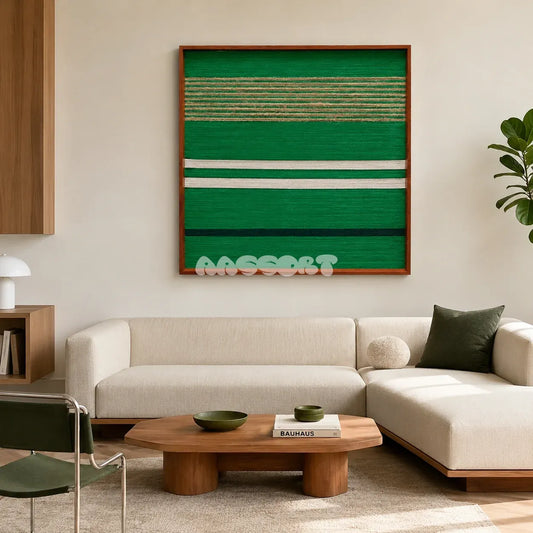 Endless Flow SQ012 green white black and natural fiber hand-wrapped yarn wall art above a cream sectional sofa in a modern living room