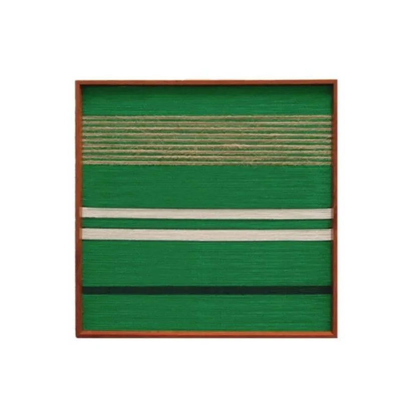 Front view of Endless Flow SQ012 green white black and soft cotton cord fiber wall art with horizontal stripe details on a white background