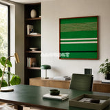 Endless Flow SQ012 green white black and soft cotton cord fiber wall art above a wood sideboard in a plant-filled home office