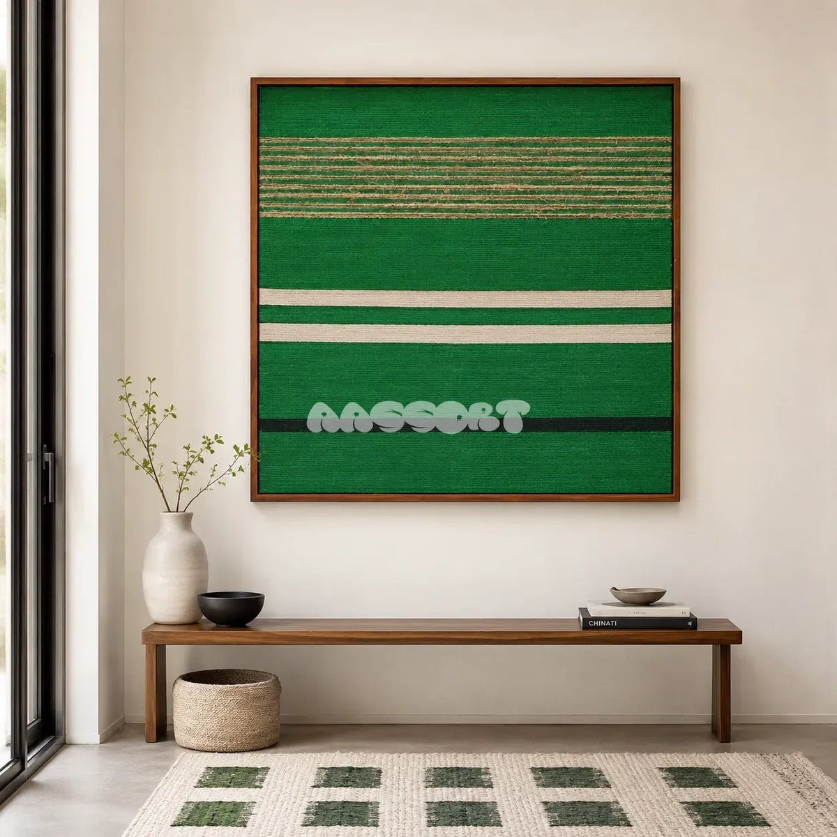 Endless Flow SQ012 green white black and soft cotton cord fiber wall art above a slim wood console in a minimalist entryway